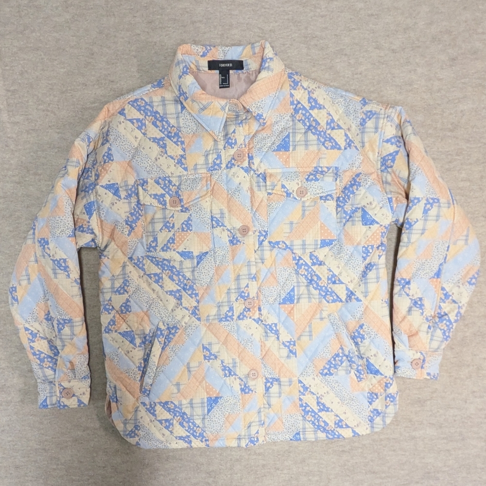 Forever 21 Pastel Quilted Puffer Jacket Oversized Spring Floral Barn Quilt Sz S